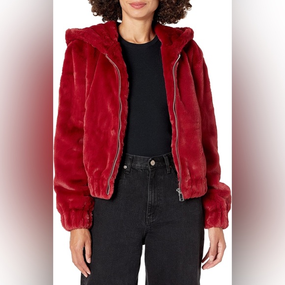 The Drop Women's Sloane Faux Fur Zip Front Hooded Bomber Jacket Sz Large Red - Picture 1 of 7
